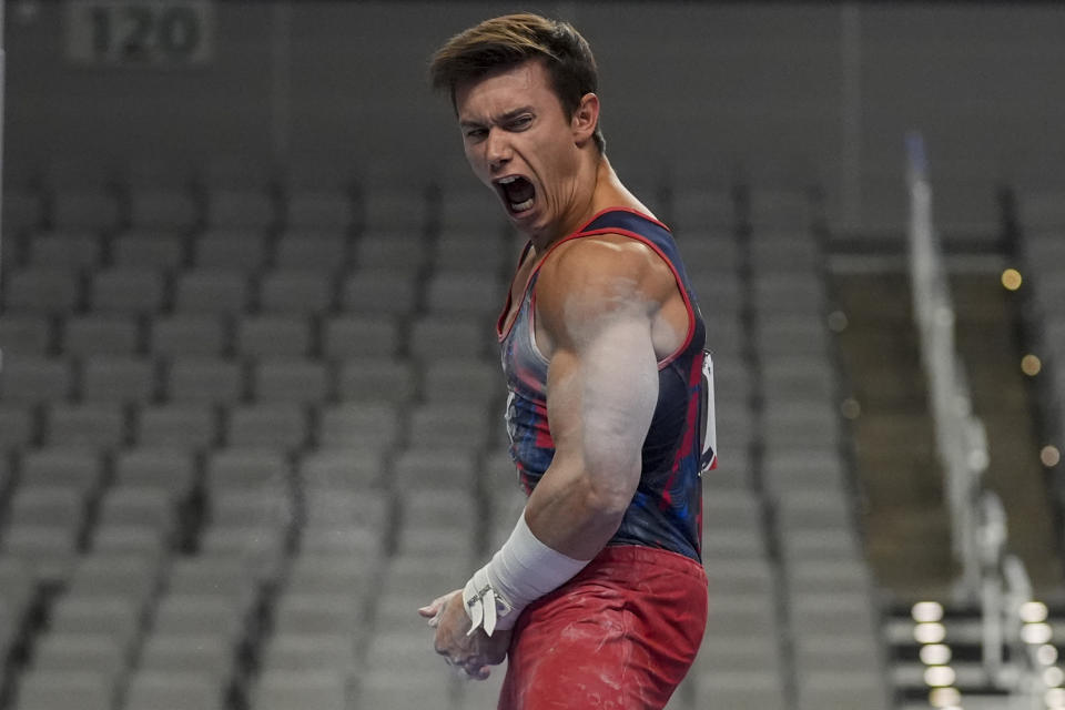 Brody Malone reacts after performing on the high bar during the U.S. Gymnastics Championships, Thursday, May 30, 2024, in Fort Worth, Texas. (AP Photo/LM Otero)