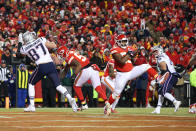 <p>Kansas City Chiefs inside linebacker Reggie Ragland (59) intercepts a pass intended for New England Patriots tight end Rob Gronkowski (87) in the end zone with 13:45 left in the second quarter of the AFC Championship Game game between the New England Patriots and Kansas City Chiefs on January 20, 2019 at Arrowhead Stadium in Kansas City, MO. (Photo by Scott Winters/Icon Sportswire) </p>