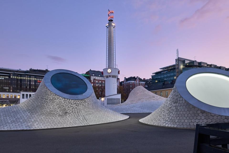 A photograph of the exterior Glass Palace courtyard on the roof of the Amos Rex Art Museum in Helsinki, Finland.