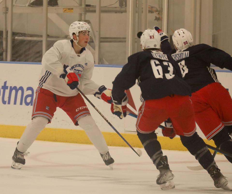 Drew Fortescue in action during the New York Rangers development camp at their training center in Tarrytown, July 5, 2023. 