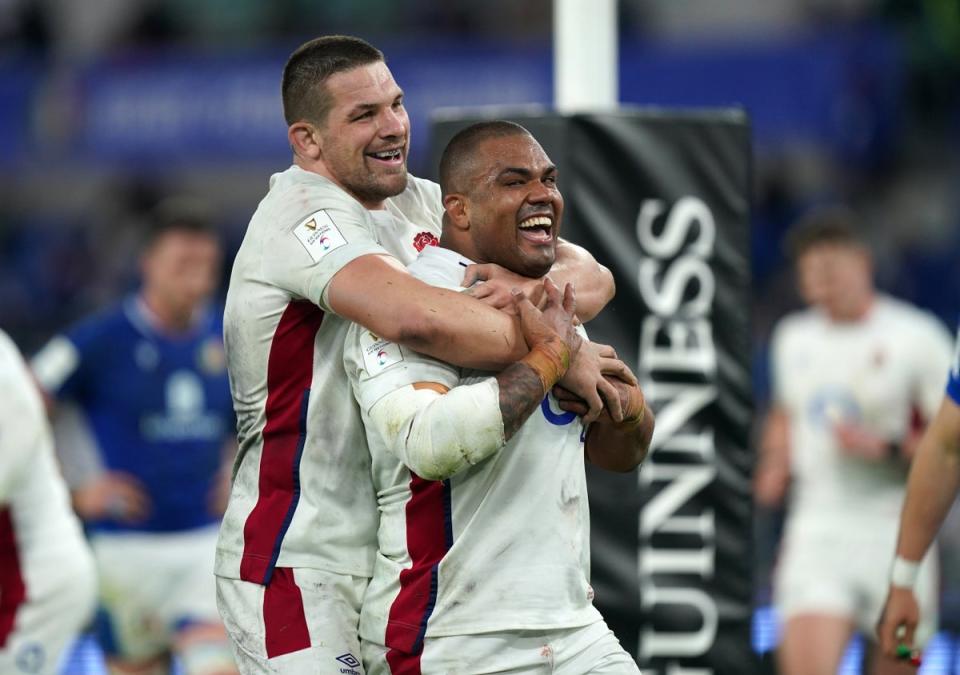 Kyle Sinckler celebrated after scoring a try for England against Italy (Mike Egerton/PA) (PA Wire)