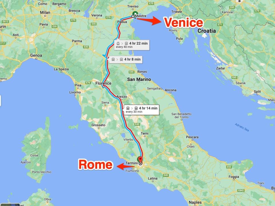 A map shows the route from Venice to Rome