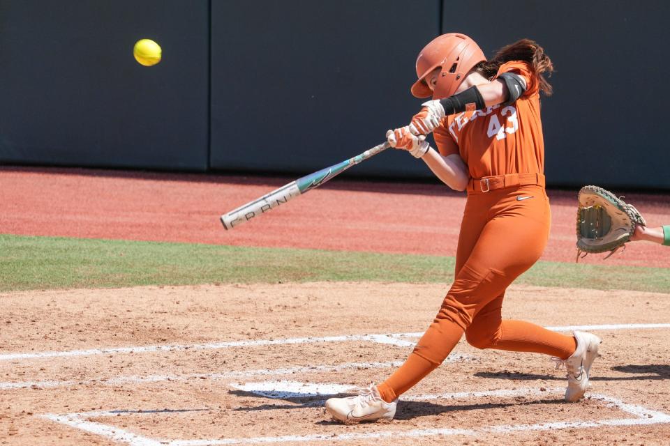 Texas infielder Leighann Goode takes a swing in Friday's win over Siena. The Longhorns will face Texas A&M in a Super Regional series this weekend before a sold-out crowd at McCombs Field.