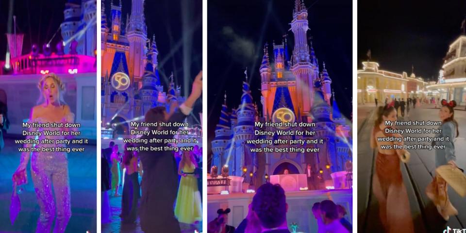 Four screenshots from the TikTok showing the Disney castle and people wearing Mickey Mouse ears at the wedding