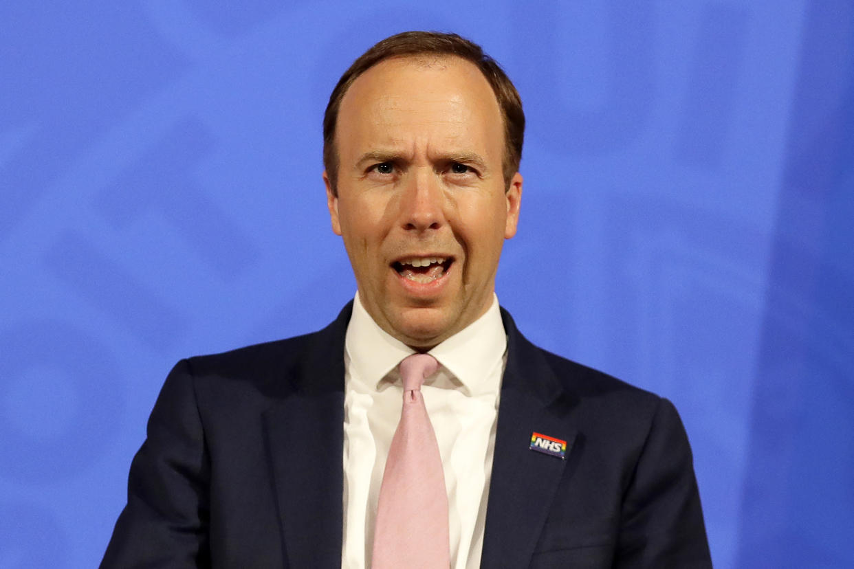 Britain's Health Secretary Matt Hancock gives an update on the coronavirus Covid-19 pandemic during a virtual press conference inside the new Downing Street Briefing Room in central London on April 28, 2021. (Photo by Kirsty Wigglesworth / POOL / AFP) (Photo by KIRSTY WIGGLESWORTH/POOL/AFP via Getty Images)