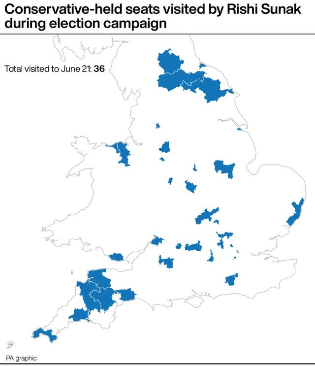 A map showing Conservative-held seats visited by Rishi Sunak during the election campaign