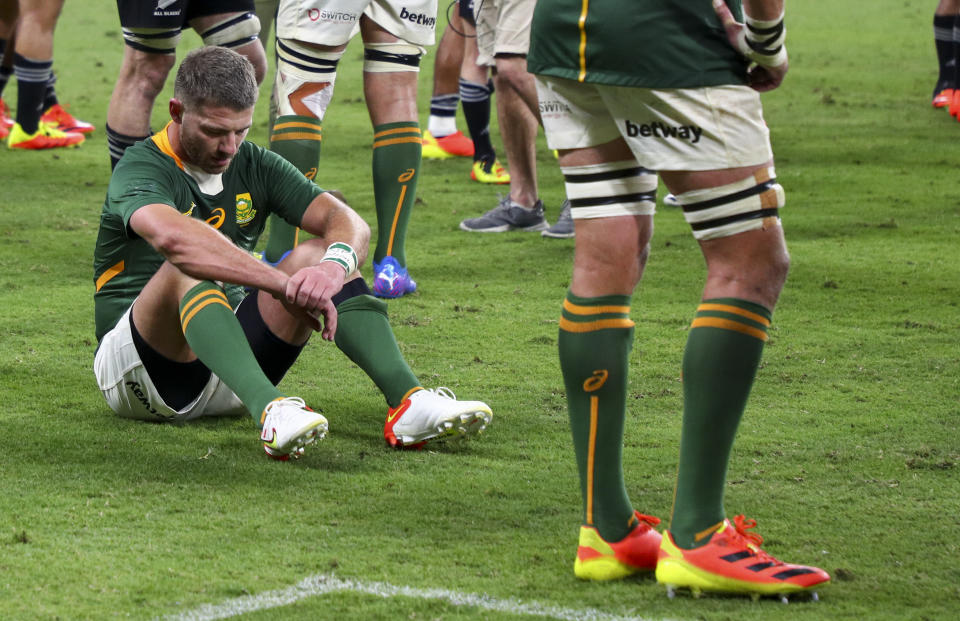 South Africa's Willie le Roux reacts following the Rugby Championship test match between the Springboks and the All Blacks in Townsville, Australia, Saturday, Sept. 25, 2021. (AP Photo/Tertius Pickard)