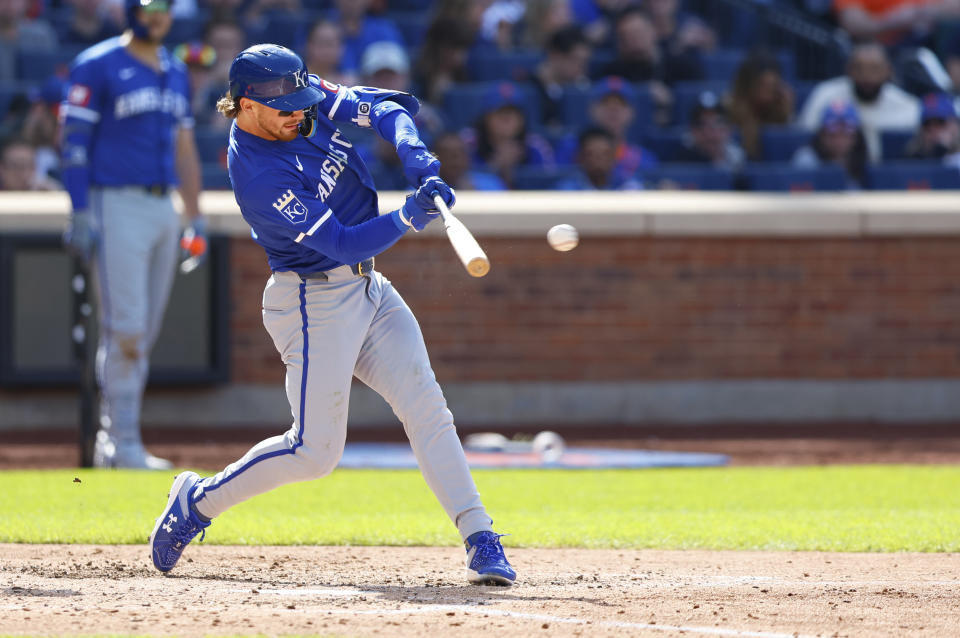 Kansas City Royals' Bobby Witt Jr. hits a double against the New York Mets during the sixth inning of a baseball game, Sunday, April 14, 2024, in New York. (AP Photo/Noah K. Murray)