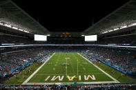 A general overview of Hard Rock Stadium during an NFL preseason game between the Jacksonville Jaguars and the Miami Dolphins, Thursday, Aug. 22, 2019, in Miami Gardens, Fla. (Margaret Bowles via AP)