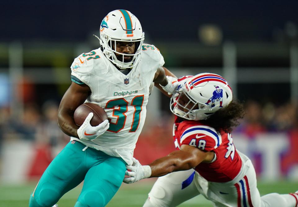 Dolphins running back Raheem Mostert is seventh in the NFL with 158 rushing yards.