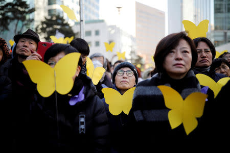 FILE PHOTO: People react as they hold yellow colored butterflies dedicated to former South Korean "comfort woman" Kim Bok-dong during her funeral in Seoul, South Korea, February 1, 2019. REUTERS/Kim Hong-Ji/File Photo