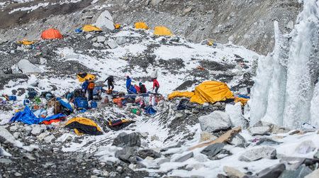 The Mount Everest south base camp in Nepal is seen a day after a huge earthquake-caused avalanche killed at least 17 people, in this photo courtesy of 6summitschallenge.com taken on April 26, 2015 and released on April 27, 2015. REUTERS/6summitschallenge.com