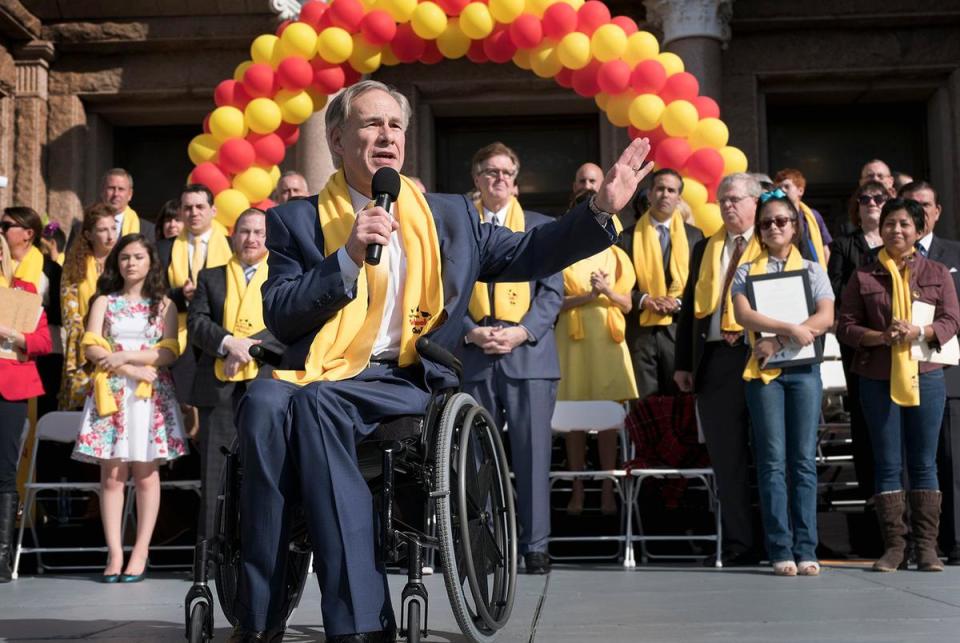 Gov. Greg Abbott speaks during a rally at the Capitol for school choice January 24, 2017. Both Abbott and Lt. Governor Dan Patrick spoke in favor of expanding school choice options. Students, educators, activists and parents marched on the south lawn to show their support for expanding school choice options during National School Choice Week.