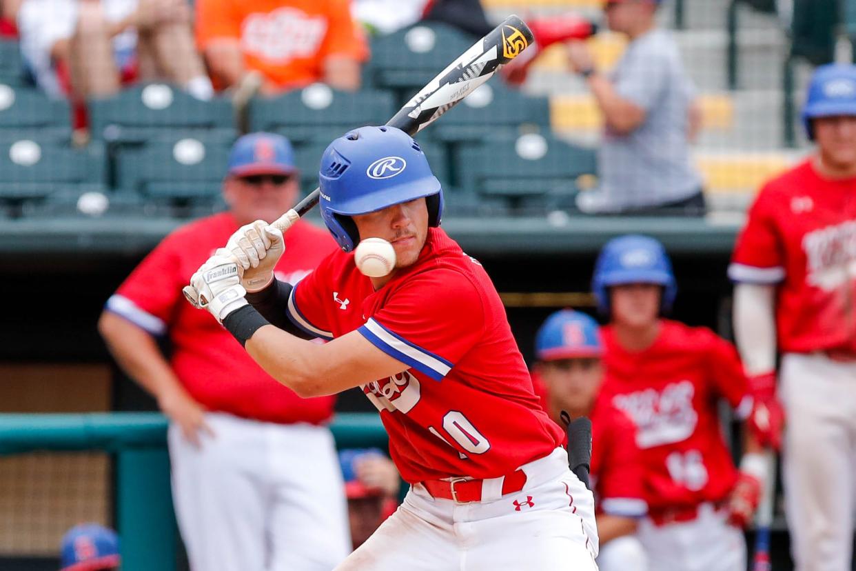 Silo’s Kyler Proctor (10) watches a high pitch during the OSSAA Class 2A Baseball State Championship Game between the Amber-Pocasset Panthers and the Silo Rebels at the Chickasaw Bricktown Ballpark in Oklahoma City, on Saturday, May 13, 2023.