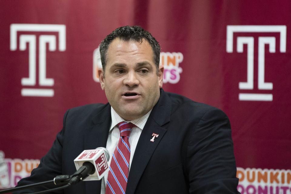 This is a Dec. 6, 2016, file photo showing Temple University Director of Athletics Patrick Kraft speaking during a news conference in Philadelphia. Boston College hired Temple athletic director Patrick Kraft on Wednesday, June 3, 2020, to fill the same role at the Atlantic Coast Conference school. Kraft replaces Martin Jarmond, who left BC last month after a short stint to become athletic director at UCLA.