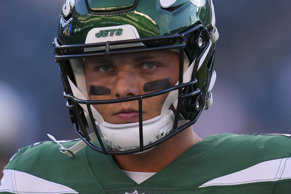 PHILADELPHIA, PA - AUGUST 12: Zach Wilson #2 of the New York Jets looks on during the preseason game against the Philadelphia Eagles at Lincoln Financial Field on August 12, 2022 in Philadelphia, Pennsylvania.  The Jets defeated the Eagles 24-21.  (Photo by Mitchell Leff/Getty Images)