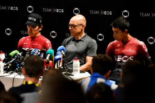 Dave Brailsford flanked by his Ineos co-captains Geraint Thomas and Egan Bernal in Nimes on Monday