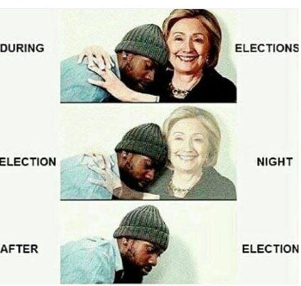 Imágenes de la postura de Hillary respecto a los votantes afroamericanos durante las elecciones, la noche electoral y después de las votaciones.