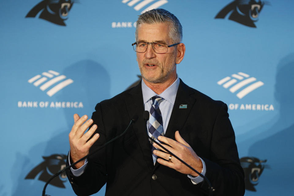 Carolina Panthers head coach Frank Reich answers a question during a news conference introducing him as the NFL football team's new head coach in Charlotte, N.C., Tuesday, Jan. 31, 2023. (AP Photo/Nell Redmond)