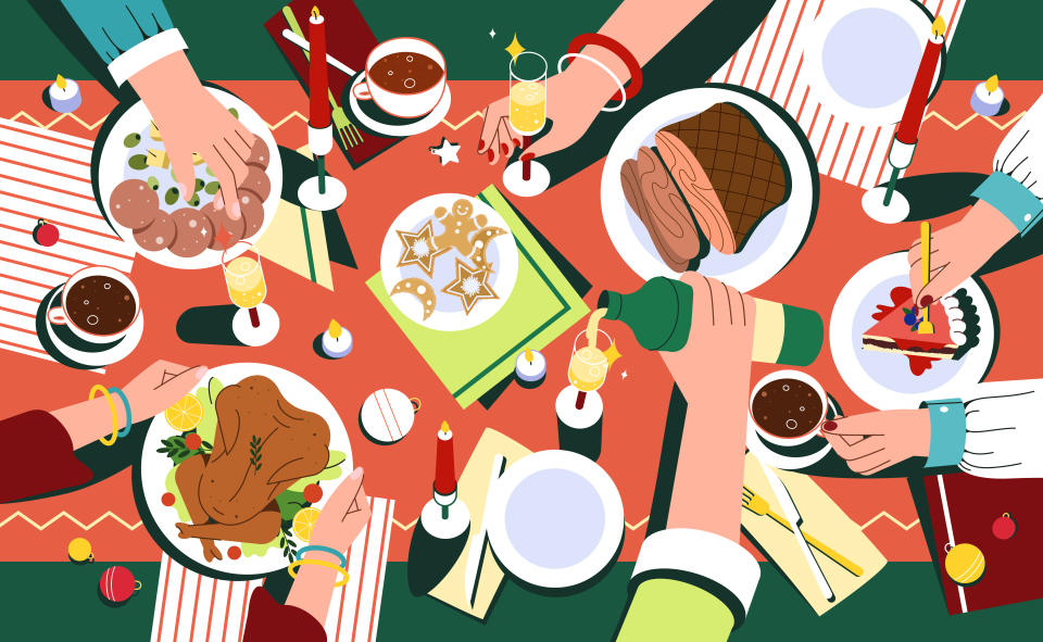 eating disorder article Christmas festive dinner with hands of people, decorated table top view. Delicious traditional holiday dishes on plates. Flat family celebrating thanksgiving day and eating delicious food together.