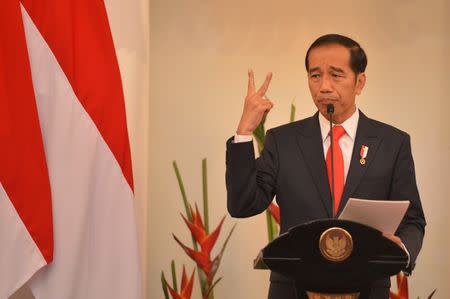 Indonesian President Joko Widodo delivers a speech at Foreign Ministry office in Jakarta, Indonesia, February 12, 2018. Antara Foto/Wahyu Putro/ via REUTERS/Files