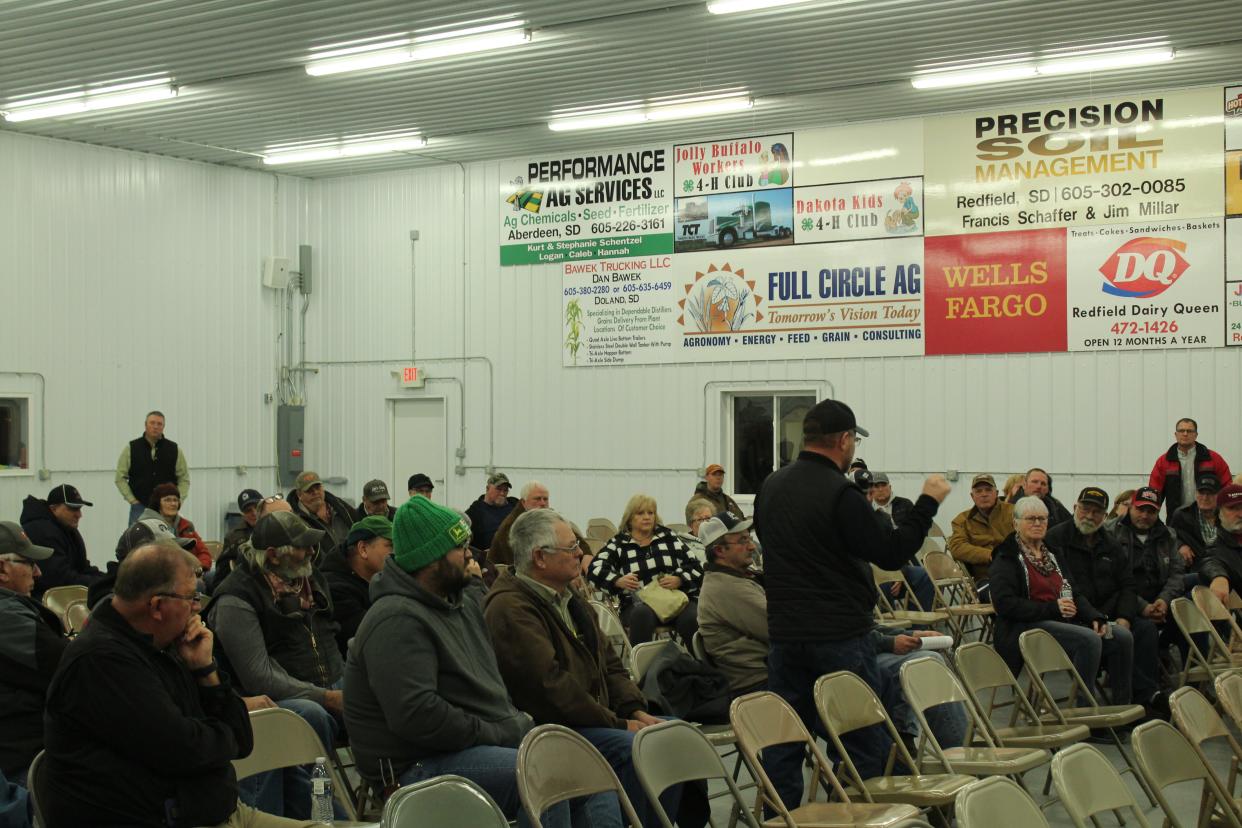 Doug Sombke speaks at a landowners meeting in Redfield on Feb. 2.