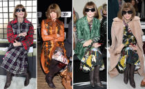 <p>Für den gerade beendeten „Fashion Month“ – die Zeit, in der Fashion Weeks in Mailand, Paris, London und New York stattfinden – hat sich Anna Wintour mehrere Outfits, aber offenbar nur ein Paar dunkelbraune Stiefel zurechtgelegt, die mit ihr um die Welt reisten. (Bilder: Getty Images) </p>