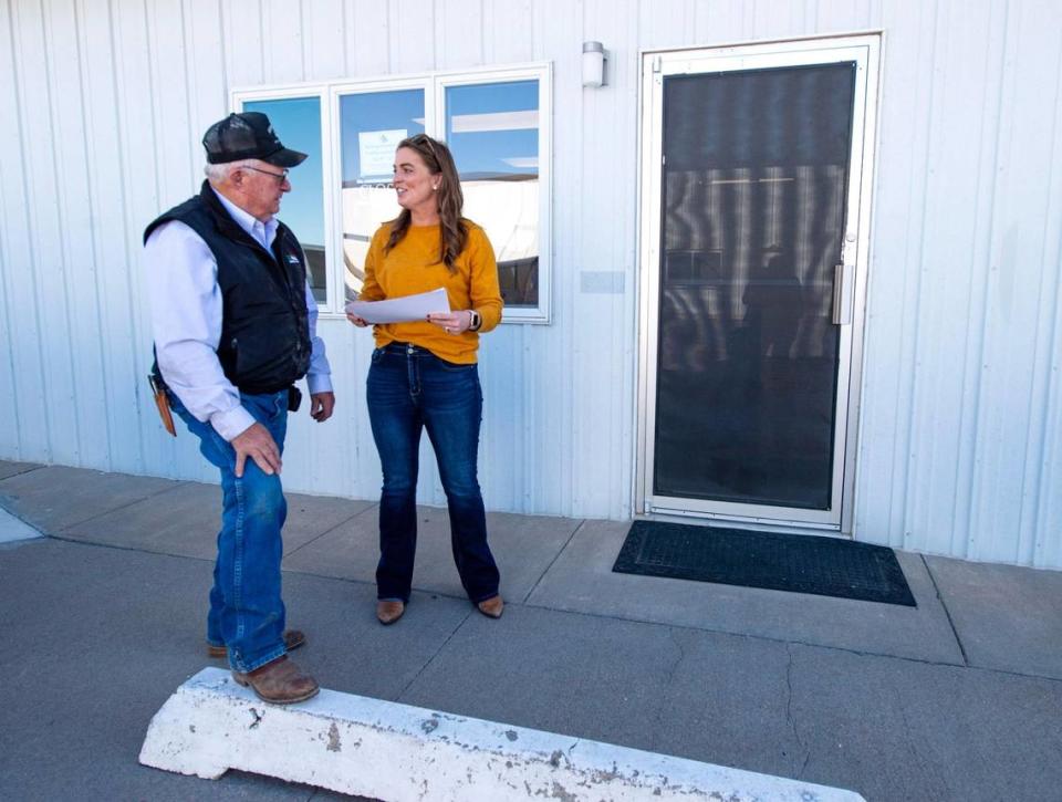 Kansas farmer Terry Berning met with Ground Water Management District 1 manager Katie Durham at her Scott City office in mid-October.