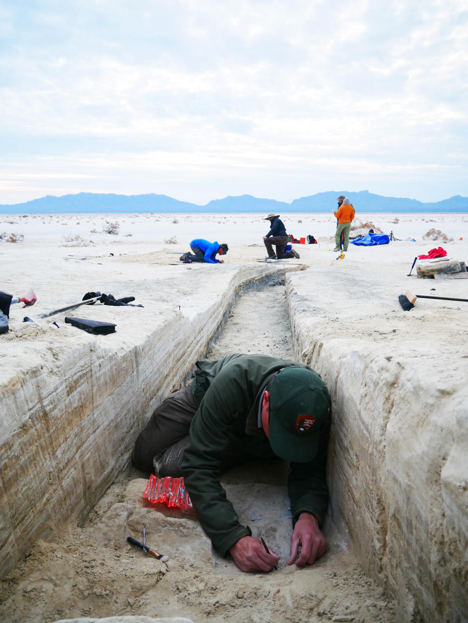 The team has studied the footprints at White Sands National Park for years, following the tracks with ground-penetrating radar and excavating trenches. (NPS, USGS and Bournemouth University)