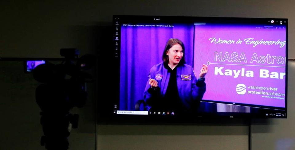 NASA astronaut Kayla Barron, a Richland High School graduate, appears on a livestream interview for a Women in Engineering program hosted by Washington River Protection Solutions in Richland.