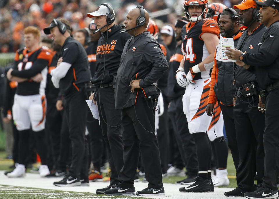 Former Cleveland Browns head coach Hue Jackson was gifted the game ball on Sunday against his former team, but not in a good way. (AP)