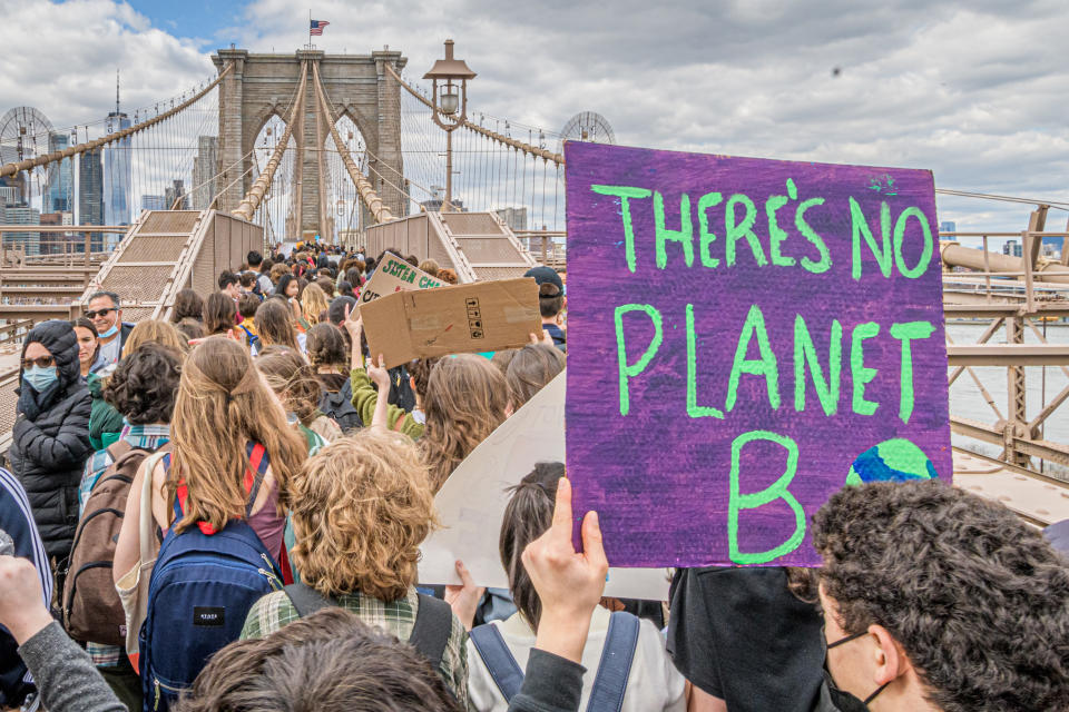 A climate change protest on the Brooklyn Bridge in New York City