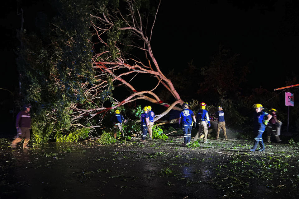 Firefighters remove trees felled by the winds from Hurricane Lidia in Puerto Vallarta, Mexico, Wednesday, Oct. 11, 2023. Lidia dissipated Wednesday after hitting land as a Category 4 hurricane. (AP Photo/Valentin Gonzalez)
