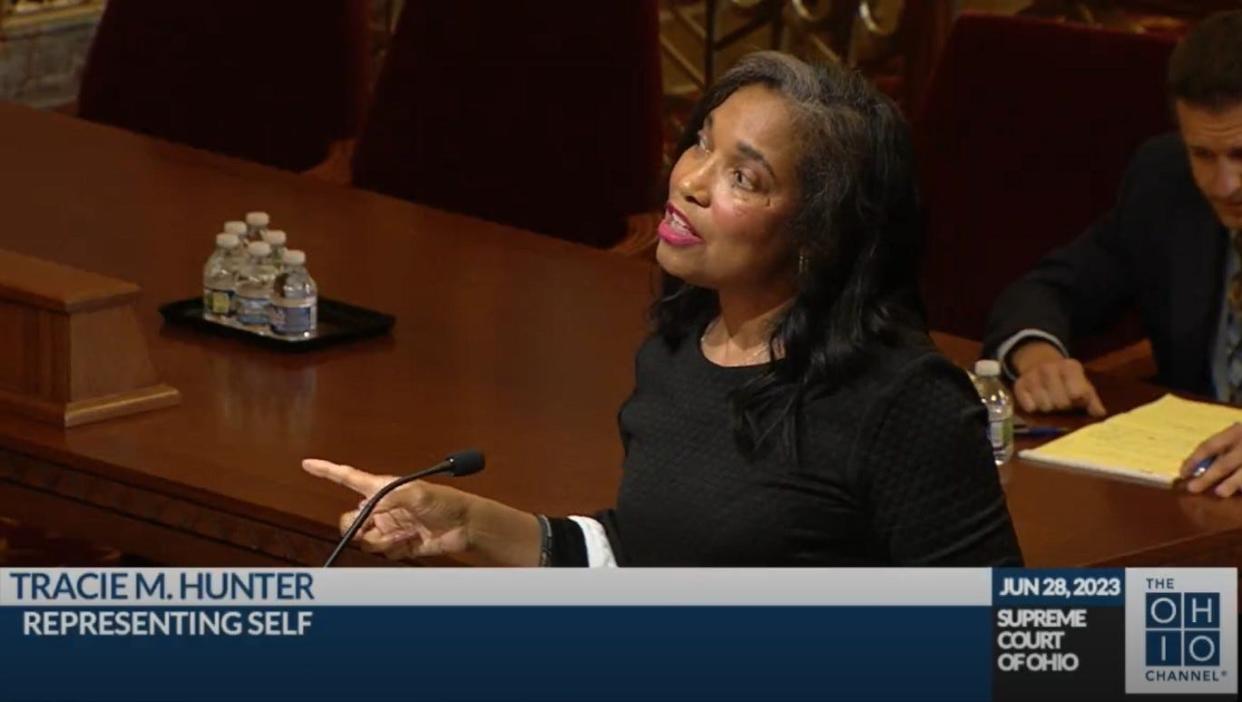 Tracie Hunter, representing herself, makes arguments before the Ohio Supreme Court on Wednesday, June 28, 2023.