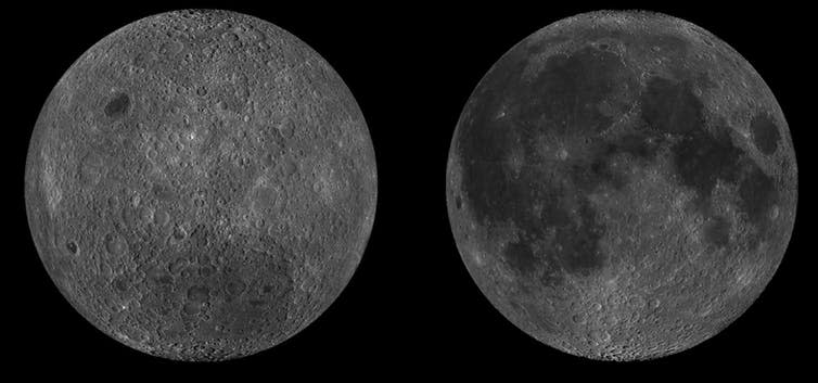 <span class="caption">Lunar far (left) and near (right) sides.</span> <span class="attribution"><span class="source">NASA/LROC Quickmap</span></span>