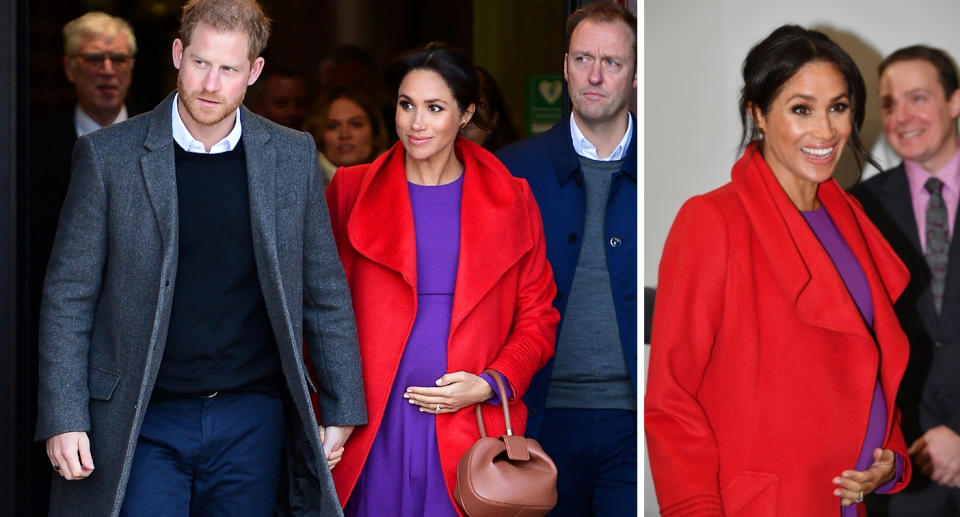 Meghan revealed she’s around six months pregnant during her visit to Birkenhead on 14 January [Photos: Getty]