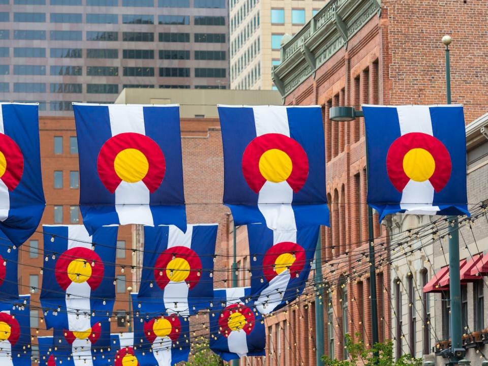Larimer Square in Denver, Colorado, is lined with the state flag.