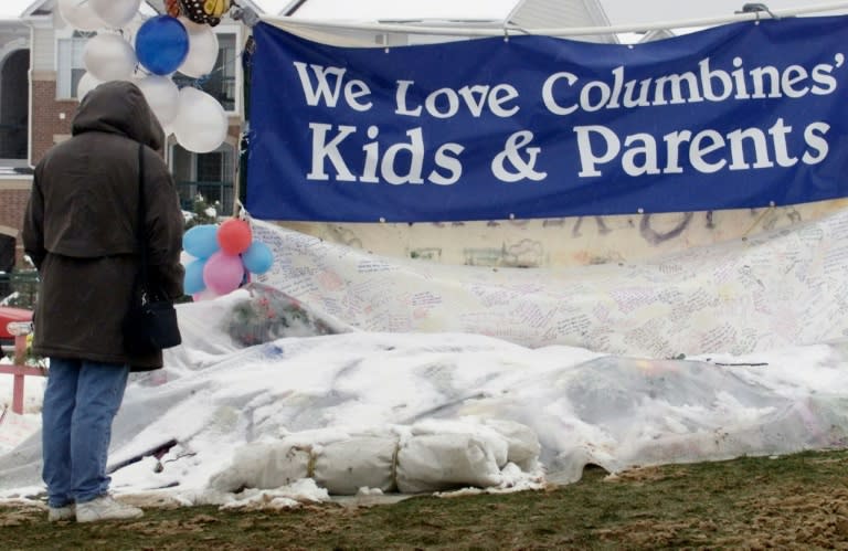 A memorial in a park next to Columbine High School on April 23, 1999 following the shooting