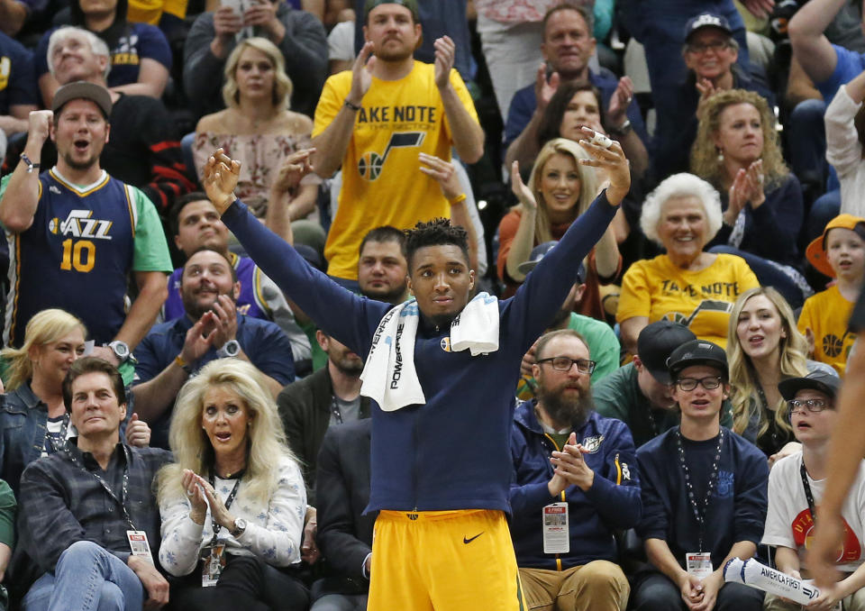 Utah’s Donovan Mitchell is making his Rookie of the Year case on and off the court, taking a pregame shot at Ben Simmons on Tuesday. (AP)