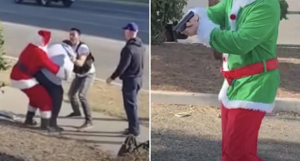 Police dressed as elves and Santa make arrests.