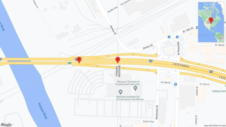 A detailed map that shows the affected road due to 'Broken down vehicle on eastbound I-670 in Kansas City' on July 15th at 6:45 p.m.