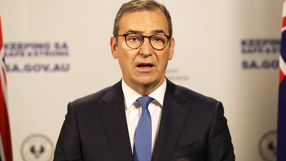 South Australian Premier Steven Marshall, pictured here speaking to the media in Adelaide. 