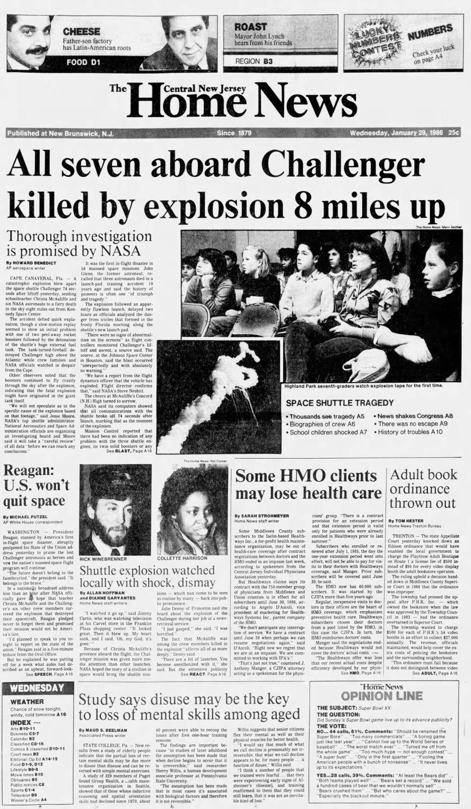 The Wednesday, Jan. 29, 1986, edition of The Central New Jersey Home News, with news of the Challenger explosion on the front page.