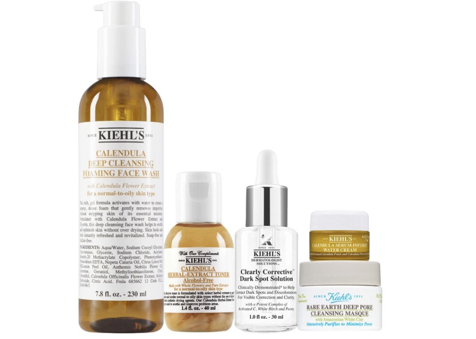 The Kiehl's Brightening and soothing set from the Cleansing Foaming Face Wash to the Calendula Toner, Dark Spot Corrector, Calendula Serum-Infused Water Cream to Rare Earth Deep Pore Cleansing Mask.