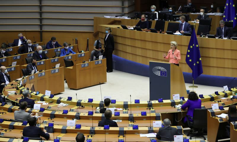 European Commission President Ursula von der Leyen addresses her first State of the European Union speech during a plenary session of the European Parliament, in Brussels