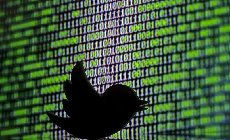 FILE PHOTO: 3D printed Twitter logo is seen in front of a displayed cyber code