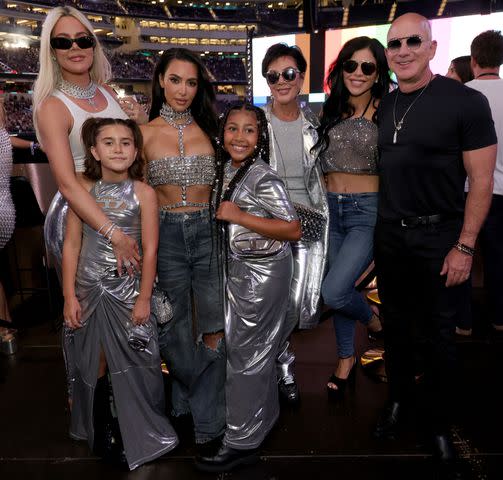 <p>Kevin Mazur/WireImage</p> Khloé Kardashian, Penelop Disick, Kim Karadshian, orth West, Kris Jenner, Lauren Sánchez and Jeff Bezos pose together at Beyoncé's Renaissance Tour in L.A. on Sept. 4, 2023