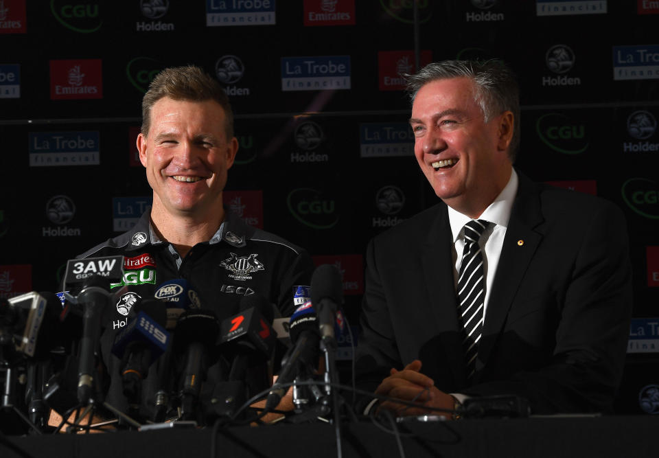 Nathan Buckley and Eddie McGuire, pictured here at Collingwood in 2017.