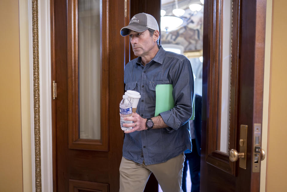 Rep. Garret Graves, R-La., top mediator in the debt limit talks for House Speaker Kevin McCarthy, R-Calif., leaves a meeting room after negotiations came to an abrupt halt, at the Capitol in Washington, Friday, May 19, 2023. Graves told reporters it's time to "press pause" and it's "just not productive" to continue at this point. (AP Photo/J. Scott Applewhite)