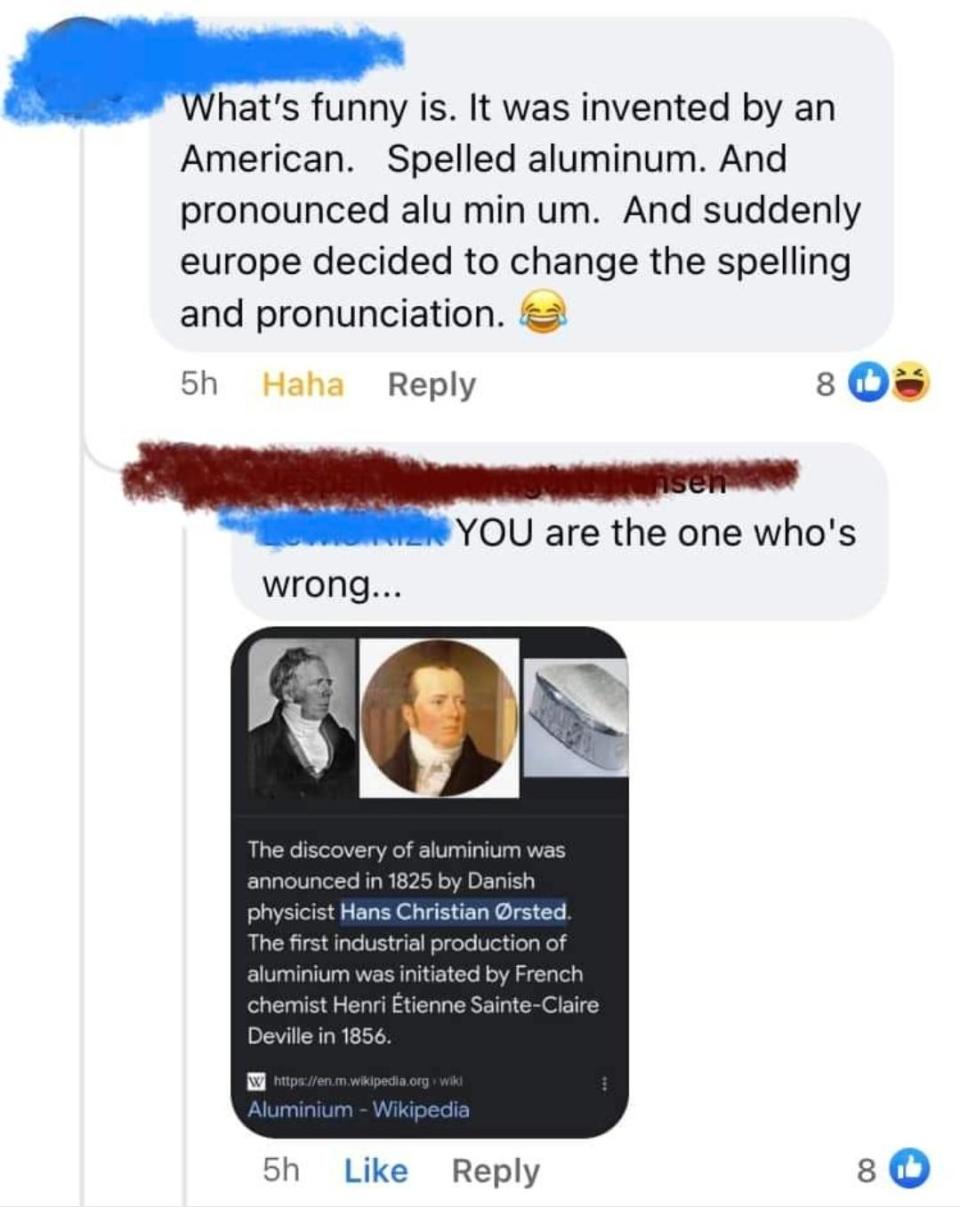 Facebook conversation about the pronunciation of "aluminum." One comment references its American origin and spelling. Another links to a historical discovery